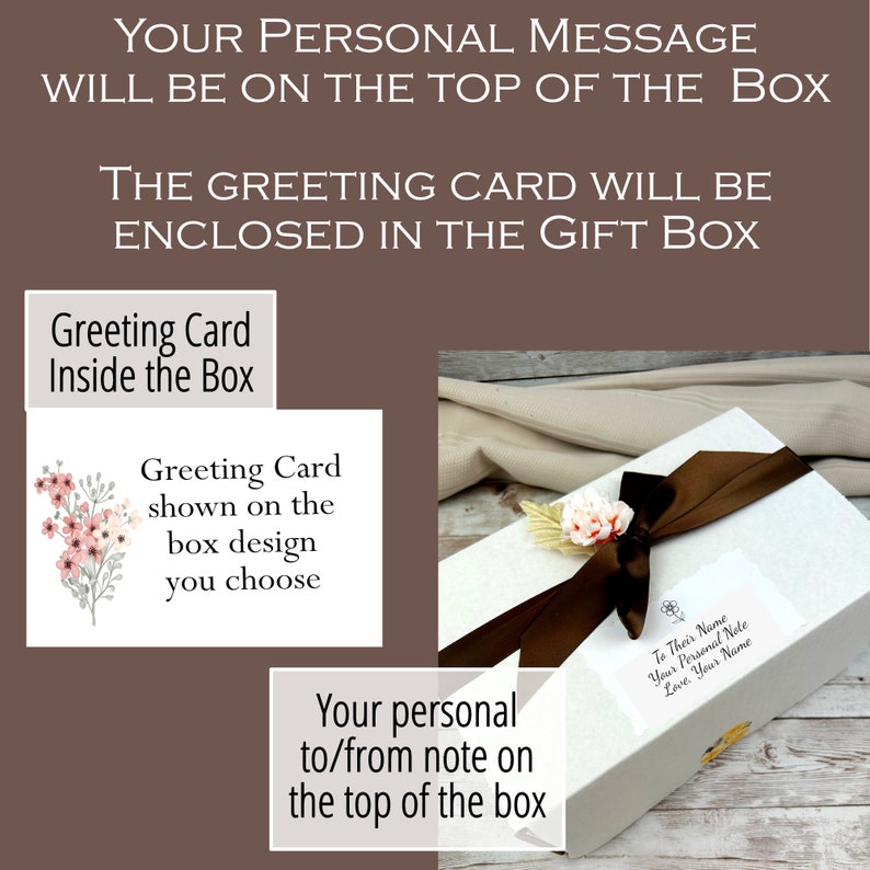 May include: A white gift box with a brown ribbon and a floral embellishment. The box has a white label with the text "To Their Name Your Personal Note Love Your Name". A separate card is included with the text "Greeting Card shown on the box design you choose".