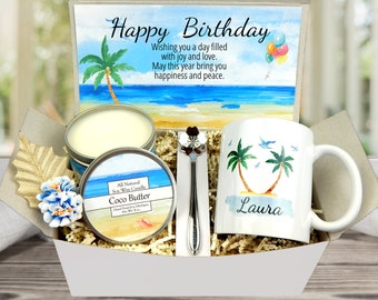 Beach Birthday Gift Basket - Birthday Present for Beach Lover - Beachy Birthday Gift - Personalized Beach Mug For Birthday