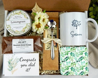 Personalized Congratulations Gift Basket: Soy Candle, Mug & Biscotti