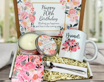 70th Birthday Gift Box: Personalize Mug, Engraving, Scented Candle, Matching Coaster, Ready to Give Present, Floral Pattern, For Grandma