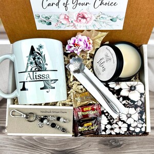 appreciation gift basket with personalized mug, scented candle, handmade artisan charm, candy, engraved spoon, coaster