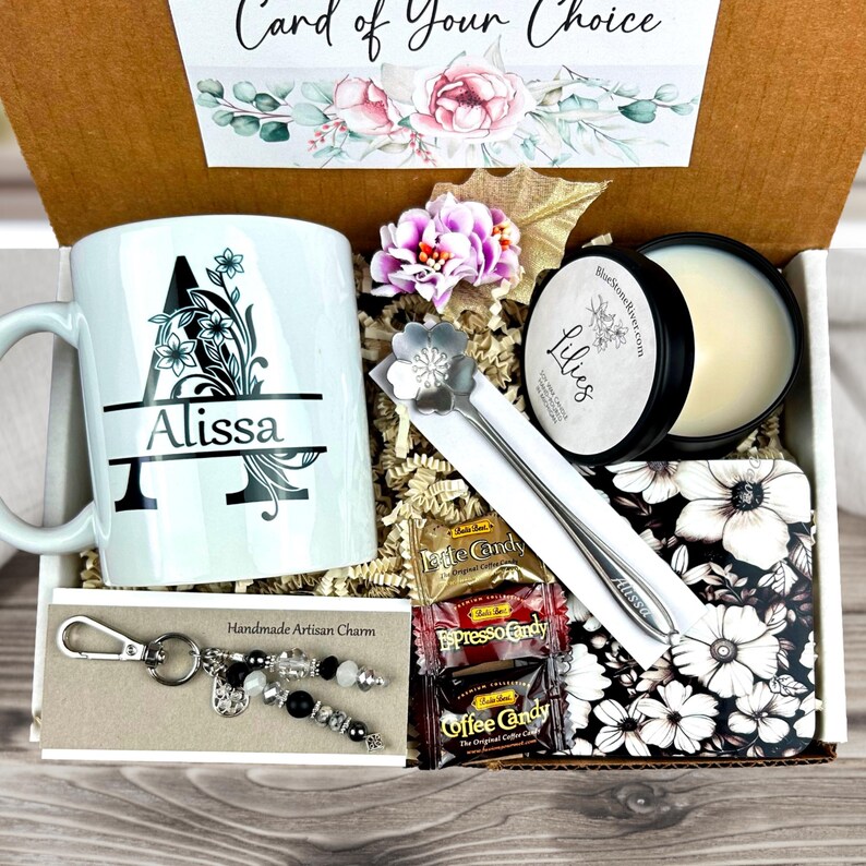 appreciation gift basket with personalized mug, scented candle, handmade artisan charm, candy, engraved spoon, coaster
