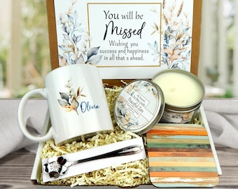 Co-Worker Leaving Gift, Going Away Gift, You Will be Missed:  Personalized Mug, Candle, Engraved Spoon & Coaster Set