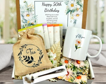 50th Birthday Gift Box for Her: Personalized Mug & Tea