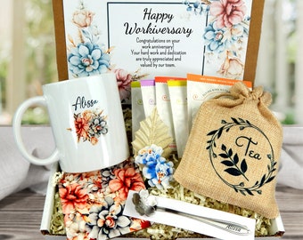 Workiversary Gift for Women - Work Anniversary Gift Basket with Personalized Mug and Herbal Tea