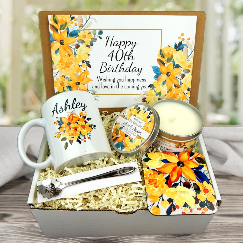 Personalized 40th Birthday Gifts Birthday Gift Basket for 40th Turning 40 Gift Set 40th Birthday Gift Idea Yellow Flowers