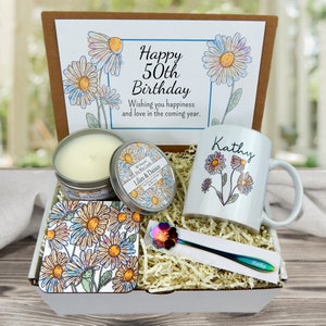 Personalized 50th Birthday Gift Basket for Turning 50 Gift Set to Send with custom mug