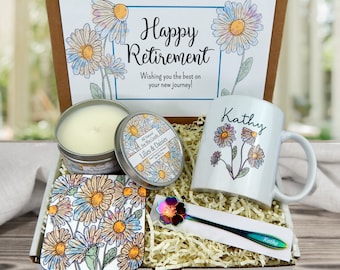 Personalized Retirement Gift - Engraved Gift for Retirement - Co-Worker Retiring Gift Basket - Gift for Retirement with Daisies- Daisy Theme
