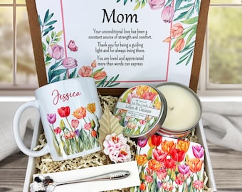Mom Gift Box Personalized | Birthday, Mothers Day Gift for Mom | Custom Mug Candle Card Set
