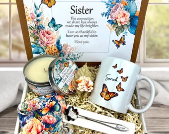 Sister Gift for Birthday | Meaningful Card, Personalized Mug Set, Engraved Spoon | Birthday Christmas Sister Gift Basket