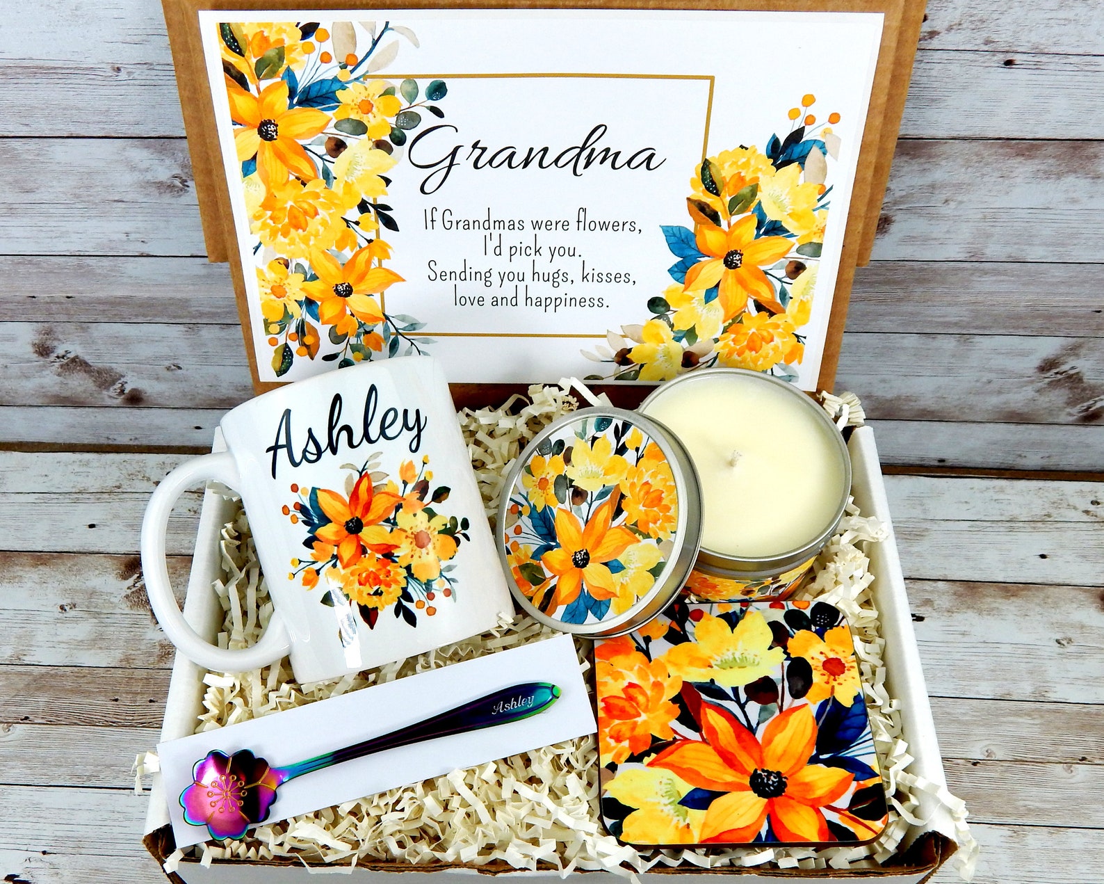 Yellow Flower Gift Basket for Grandma With Personalized Coffee Etsy