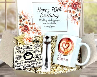 70th Birthday Gift Basket: Personalized Mug, Coaster & Spoon