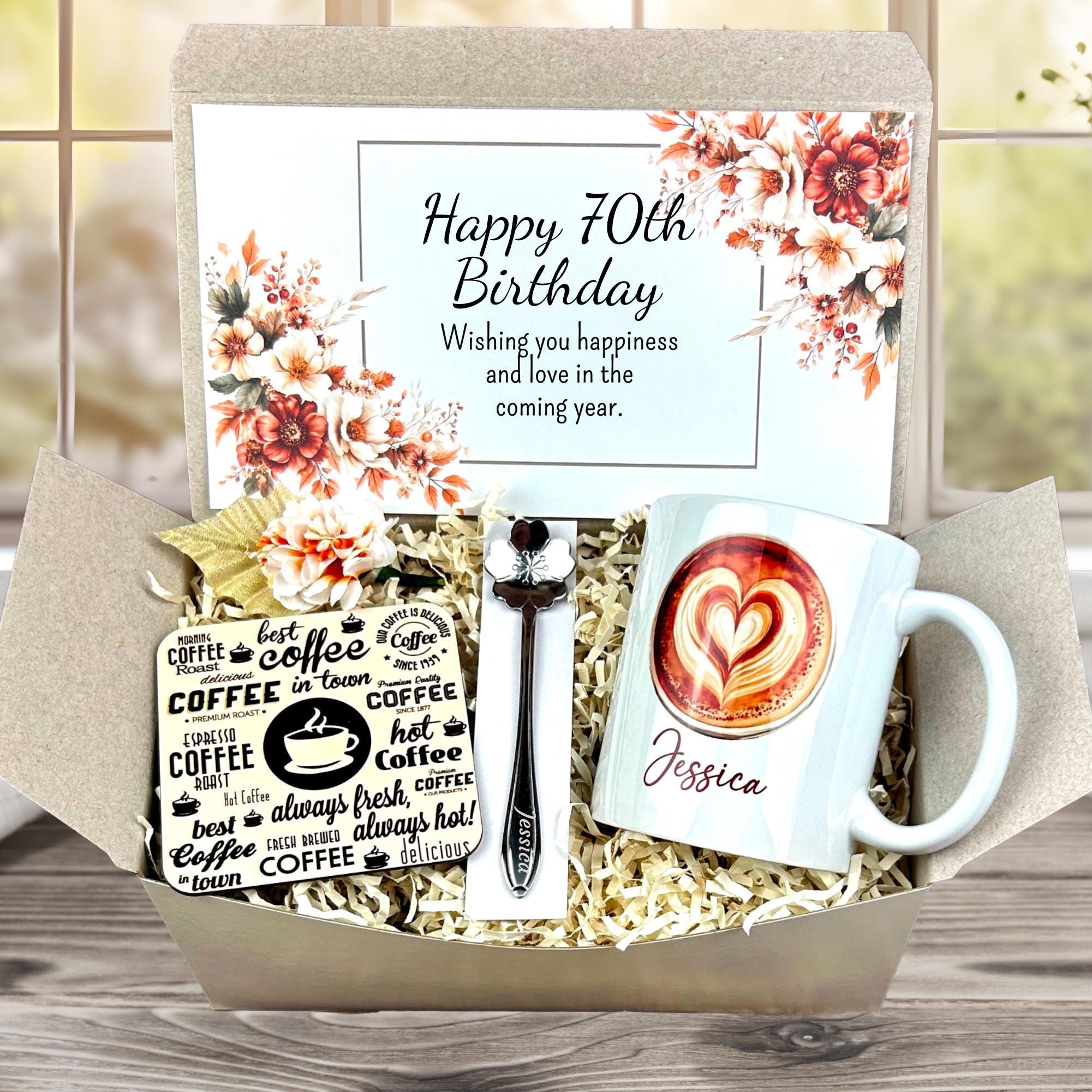 70th Birthday Gift Basket: Personalized Mug, Coaster & Spoon - Etsy