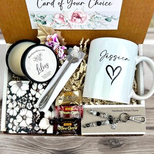 thank you gift basket with personalized mug, scented candle, handmade artisan charm, candy, engraved spoon, coaster