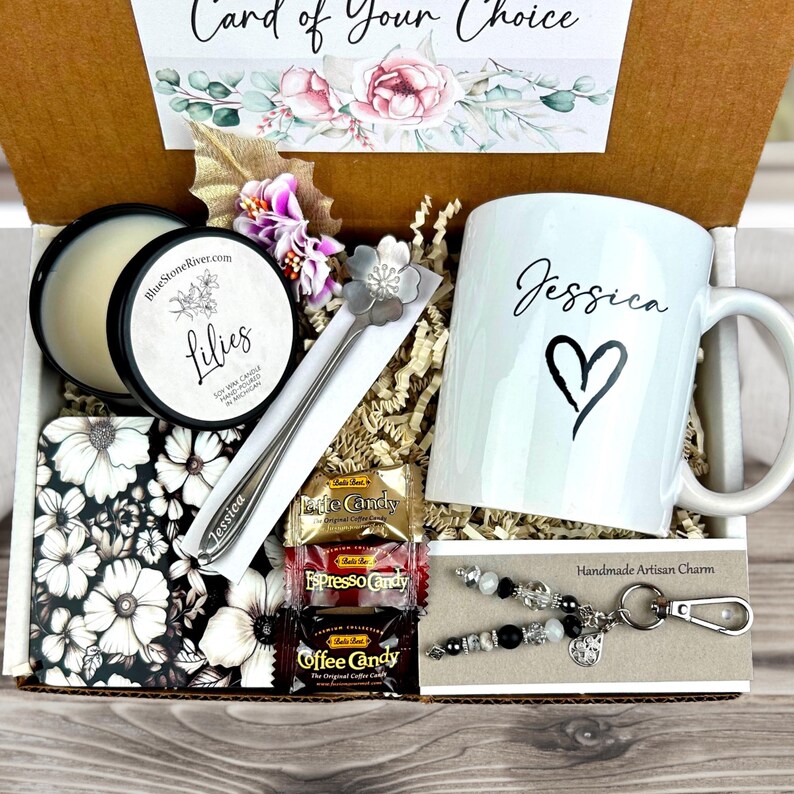 thank you gift basket with personalized mug, scented candle, handmade artisan charm, candy, engraved spoon, coaster