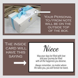 May include: A white gift box tied with a light blue ribbon and adorned with a floral accent. The box has a personalized note on top. The inside card reads "Niece" with a heartfelt message.