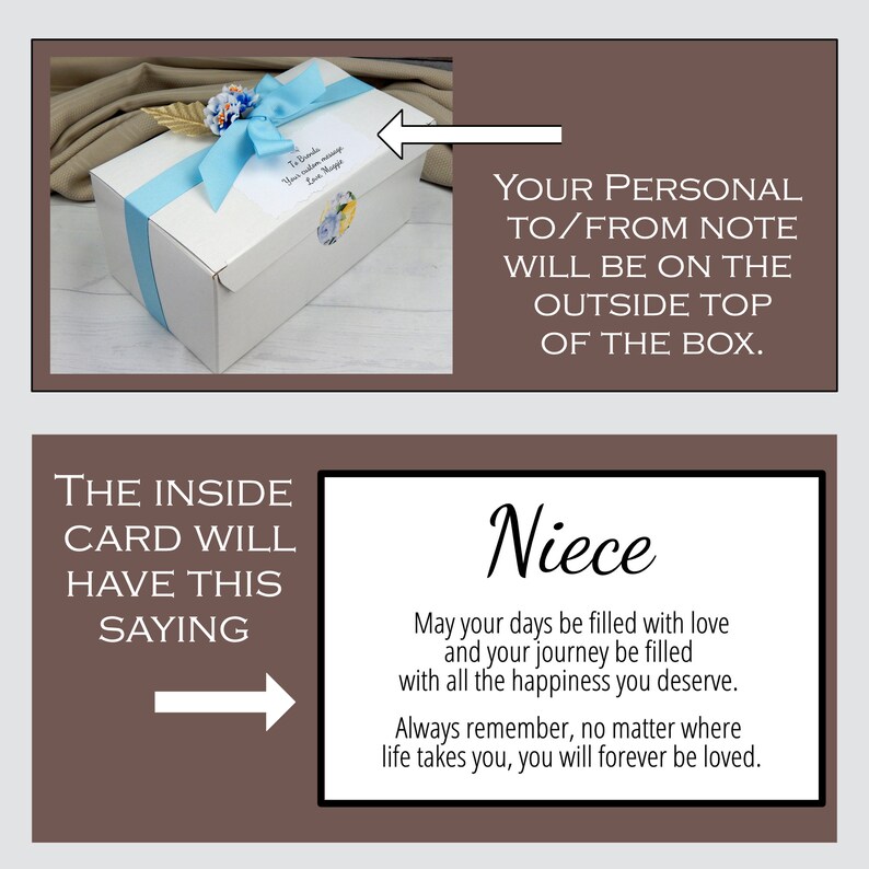May include: A white gift box tied with a light blue ribbon and adorned with a floral accent. The box has a personalized note on top. The inside card reads "Niece" with a heartfelt message.