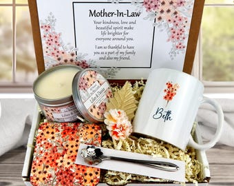 Mother-in-law Gift for Birthday | Mothers Day, Personalized Mug Set, Engraved Spoon | Birthday Christmas Mother In Law Gift Basket