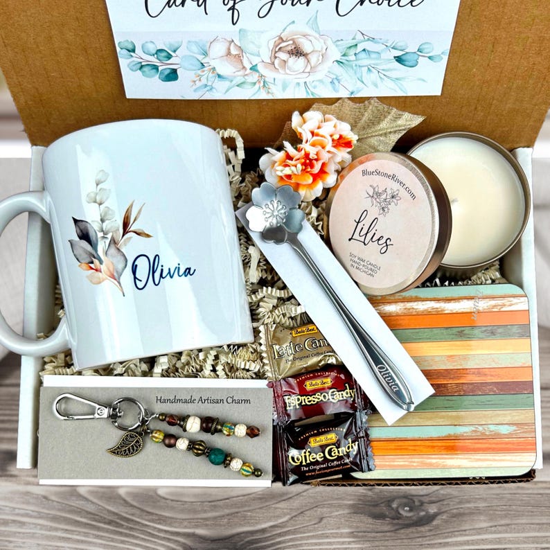 natural unique gift basket with personalized mug, scented candle, handmade artisan charm, candy, engraved spoon, coaster