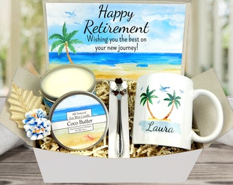 Beach Themed Retirement Gifts for Women - Sunflower, Butterfly Personalized Retirement Gift Basket - Co-Worker Retiring Gift- Retirement Mug