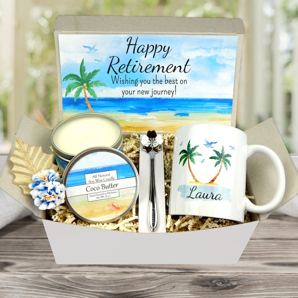 Beach Themed Retirement Gifts for Women - Sunflower, Butterfly Personalized Retirement Gift Basket - Co-Worker Retiring Gift- Retirement Mug