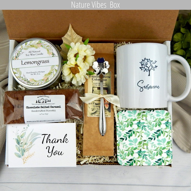 Nature themed thank you gift with tree of life mug customized with her name