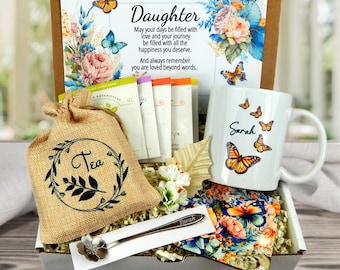 Personalized Daughter Gift Box: Engraved Spoon, Tea Sampler & Butterfly Mug