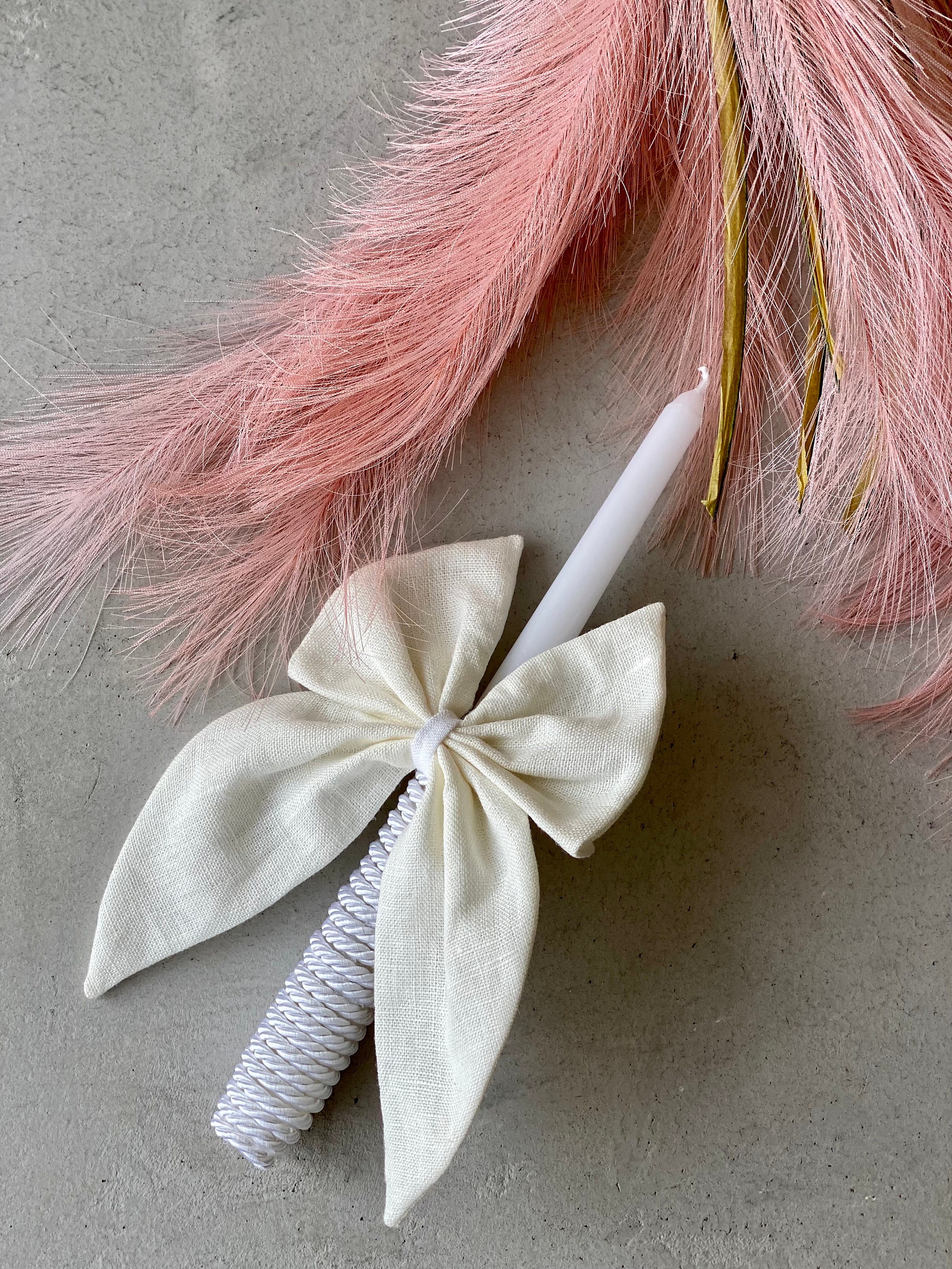 Handcrafted Christening Candle: White Linen Ribbon, Baptism Ceremony