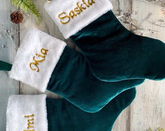 Ensemble de 3 chaussettes de Noël en velours vert, chaussettes de Noël, bas de Noël, chaussettes brodées