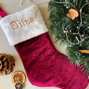 Personalized Dark Red Christmas Stocking with Embroidered Name Festive Holiday Decor, Velvet Stocking, Christmas Sock image 1