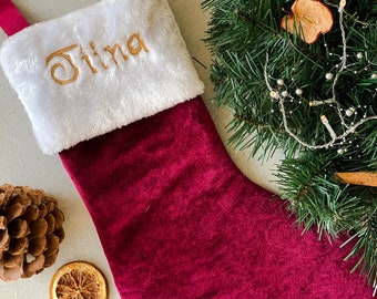 Personalized Dark Red Christmas Stocking with Embroidered Name - Festive Holiday Decor, Velvet Stocking, Christmas Sock