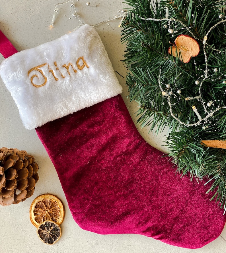 Personalized Dark Red Christmas Stocking with Embroidered Name Festive Holiday Decor, Velvet Stocking, Christmas Sock image 1