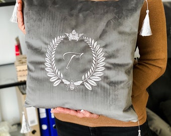 Monogram Velvet Pillow Cover: Embroidered Bee & Crown Design
