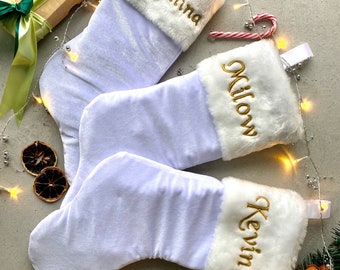 Personalized Set of 3 White Christmas Stocking with Elegant Embroidered Names - Holday Decor, Family Gift, Custom Stocking Set