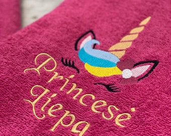 Princess towel, unicorn towel, embroidered towel, personalised towel, terry cotton towel