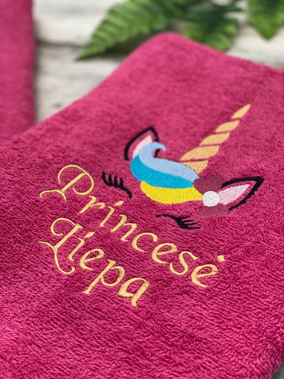 Embroidered Unicorn Terry Cotton Towel, Personalized Princess Gift