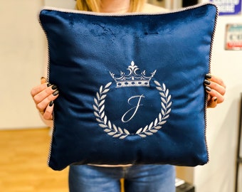 Handmade Blue Velvet Pillow: Personalized Monogram Throw Pillow