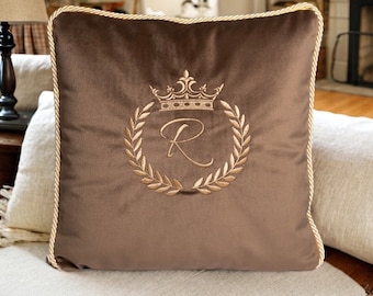 Handmade Brown Velvet Pillow: Embroidered Monogram Initial Pillowcase