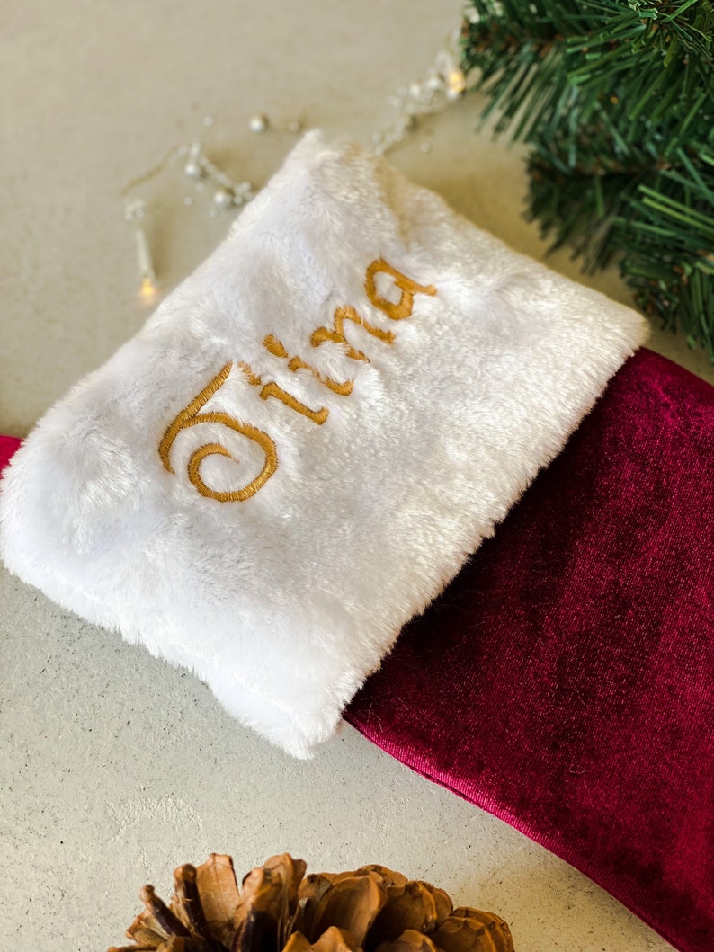 Personalized Dark Red Christmas Stocking with Embroidered Name Festive Holiday Decor, Velvet Stocking, Christmas Sock image 2
