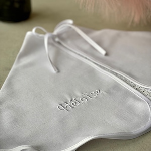 Personalized White Linen Christening Cloak with Embroidered Name - Elegant Baptism Keepsake