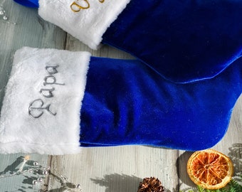 Ensemble de 2 chaussettes de Noël bleues, chaussettes en velours bleu, bas de Noël, chaussettes personnalisées