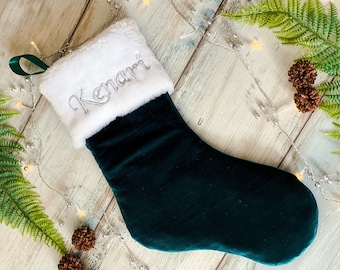 Green luxury velvet sock, named sock, embroidered sock, home decor, personalised Christmas stocking, traditional stocking