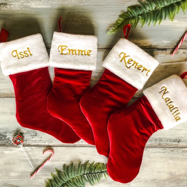 Set de 4 calcetines rojos de lujo de Navidad, decoración navideña, calcetines personalizados, calcetines hechos a mano, medias navideñas personalizadas, vacaciones