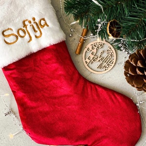 Personalized Red Velvet Christmas Stocking with Wood Ornament