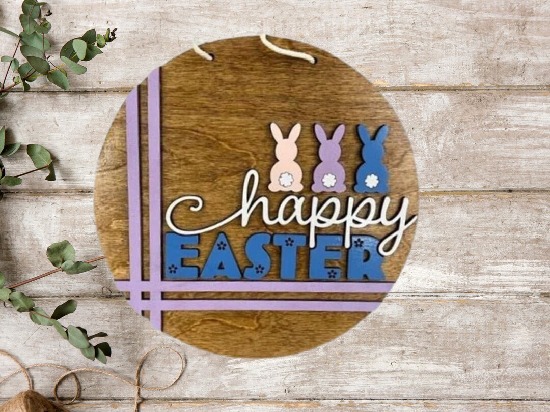 Happy Easter Bunny Door Hanger | Wooden Easter Sign | Rustic Spring ...
