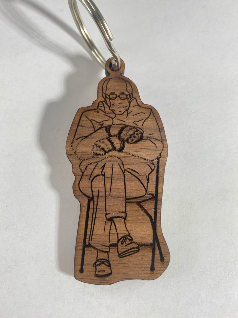 Bernie Sanders Mittens Inauguration Day 2021 Maple Walnut Keychain