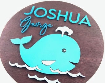 Custom Whale Baby Name Sign for Nursery | Wood Round Sign | Nursery Wall Art