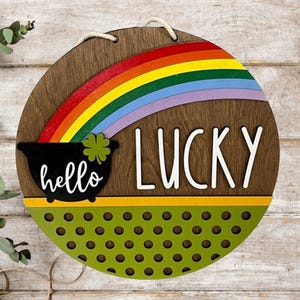 Hello Lucky Rainbow Sign | St. Patrick’s Day Decor | Pot of Gold Wooden Door Hanger | Laser Cut 3D Layered Sign | Irish Spring Home Decor