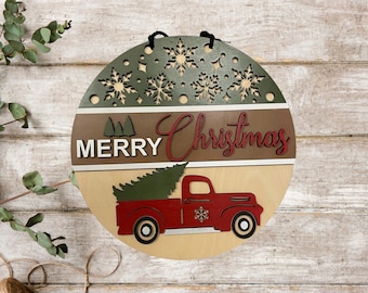Merry Christmas Wooden Door Sign | Red Truck Holiday Round Sign | Rustic Layered Christmas Decor | Farmhouse Christmas Door Hanger