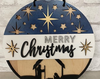 Merry Christmas Nativity Hanging Sign | Home Decor | Multiple Sizes Available | Completed Sign and DIY Kit Options